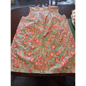 Vintage Artistic Creation Floral Apron Smock Red Pink Flowers Blue Background